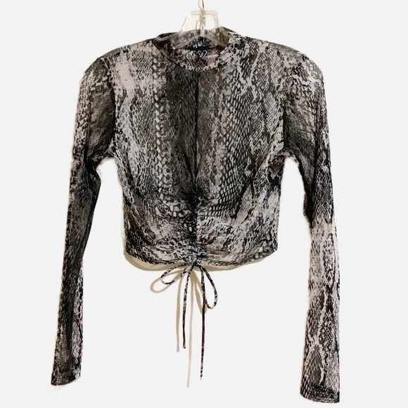 Windsor Sheer Ruched High Collar Long Sleeve Tie at Hem Crop Top Blouse. - Picture 1 of 5